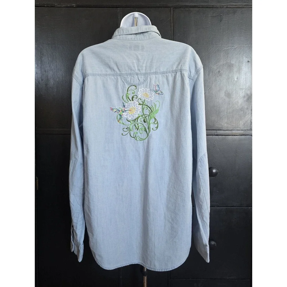 Free‎ Assembly Button Down Shirt Womens L Blue Floral Embroidered Cottagecore
